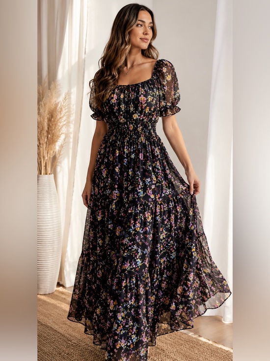 Kate & Lily Dresses & Skirts - Smocked Black Floral Maxi Dress with Puff Sleeves